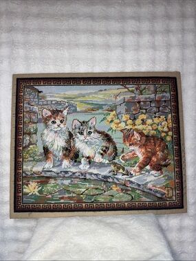 Vintage Cat Kittens Framed Cross Stitch Picture 18” x 22” Unframed